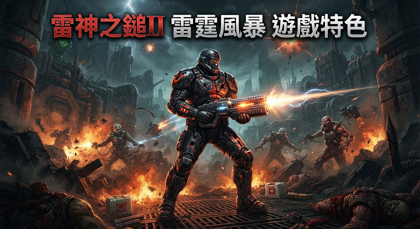 這是一張以《雷神之鎚II》(Quake II)為主題的動作遊戲視覺圖,畫面中央展示了全副武裝的太空戰士與敵人交戰的激烈場景。 圖片上方醒目地標示著繁體中文標題「雷神之鎚II雷霆風暴遊戲特色」,整體呈現出科幻戰場的末日氛圍。
