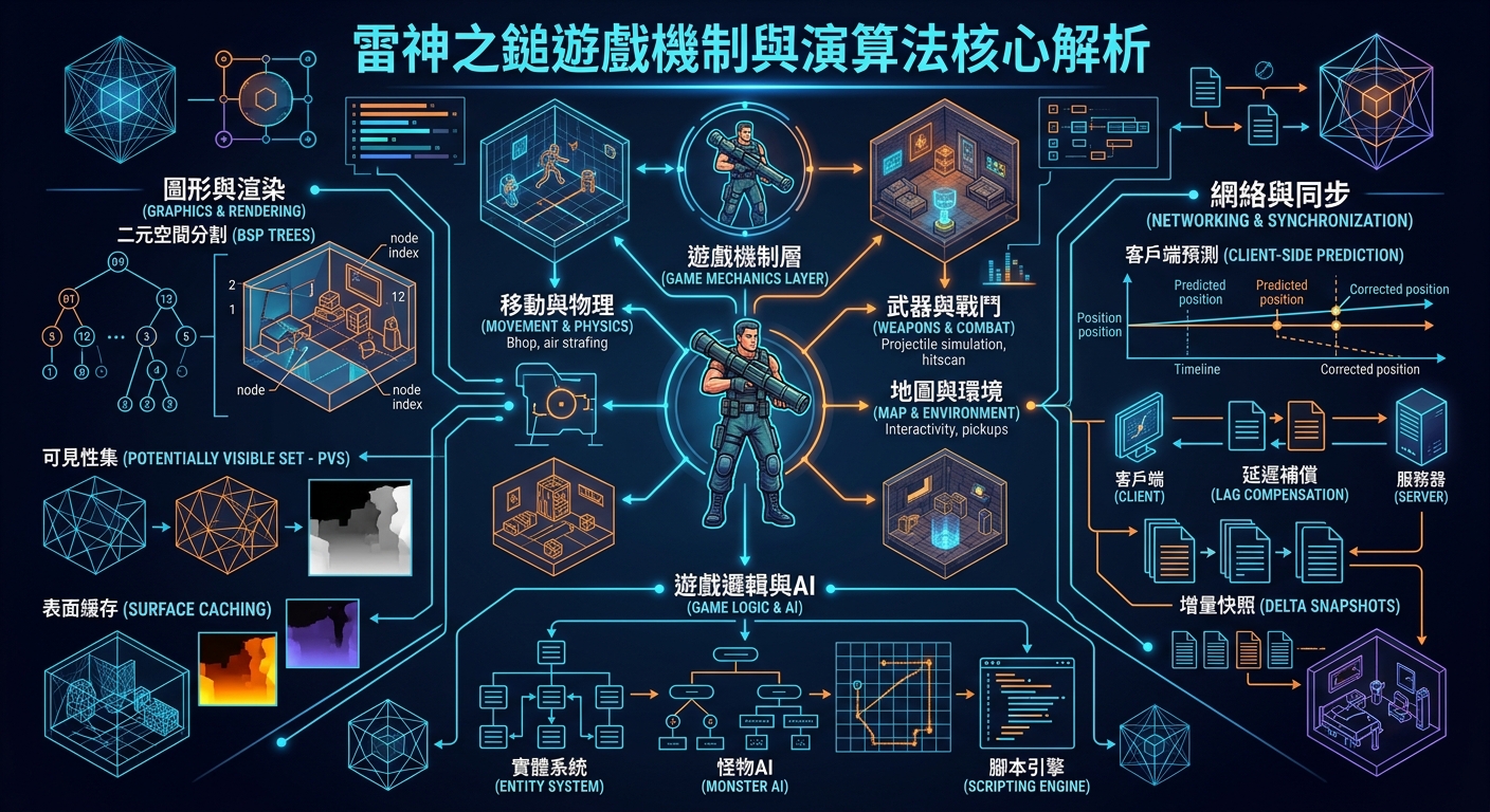這張圖表詳細展示了《雷神之鎚》(Quake)的遊戲機制與核心演算法架構,涵蓋圖形渲染、物理移動、網路同步及邏輯 AI 等關鍵技術。 圖像採用科技感十足的藍橘霓虹風格,透過清晰的流程圖與 3D 幾何結構圖,將複雜的引擎原理進行直觀的視覺化呈現。