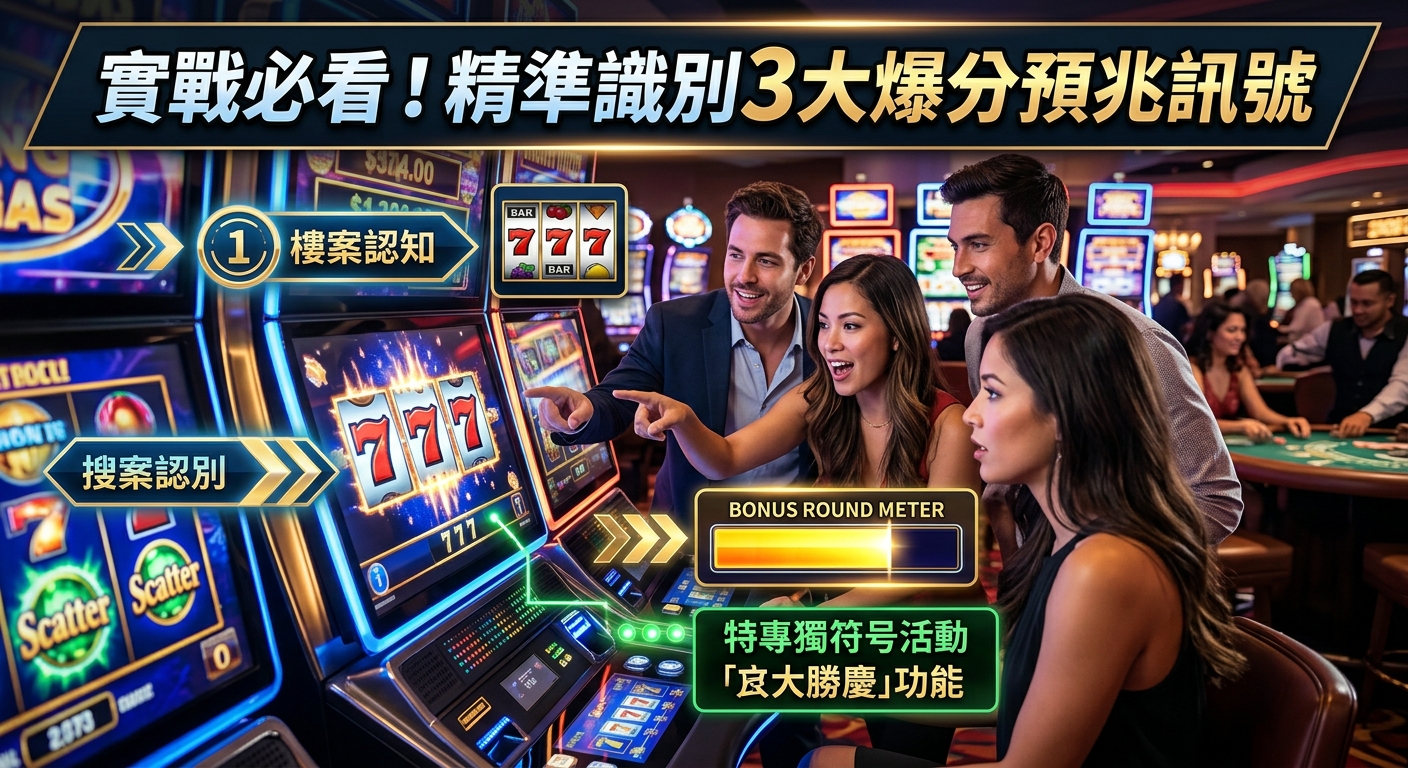 一張充滿活力的娛樂城現場圖片,玩家們興奮地看著老虎機螢幕上的連線與爆分預兆訊號。 畫面上方標有醒目的標題「實戰必看!精準識別3大爆分預兆訊號」,展現出專業戰術指南的氛圍。