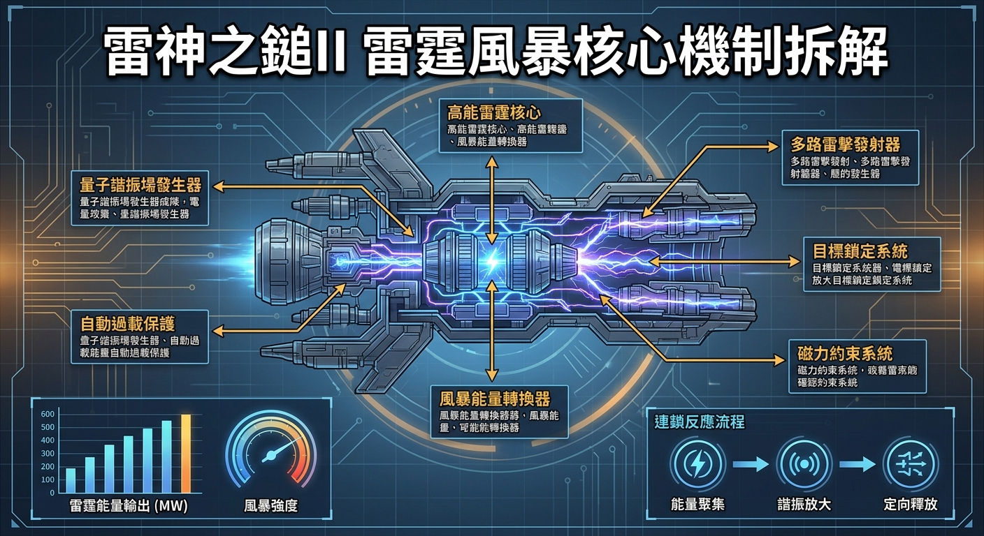这张图片以科技蓝图的风格展示了「雷神之鎚 II 雷霆風暴」的核心機制分解圖，中央解構了高能雷霆核心與電磁傳導結構。 整體視覺融合了藍光電場、數據儀表與流向圖表，頂部以醒目的繁體中文標題「雷神之鎚II 雷霆風暴核心機制拆解」呈現。
