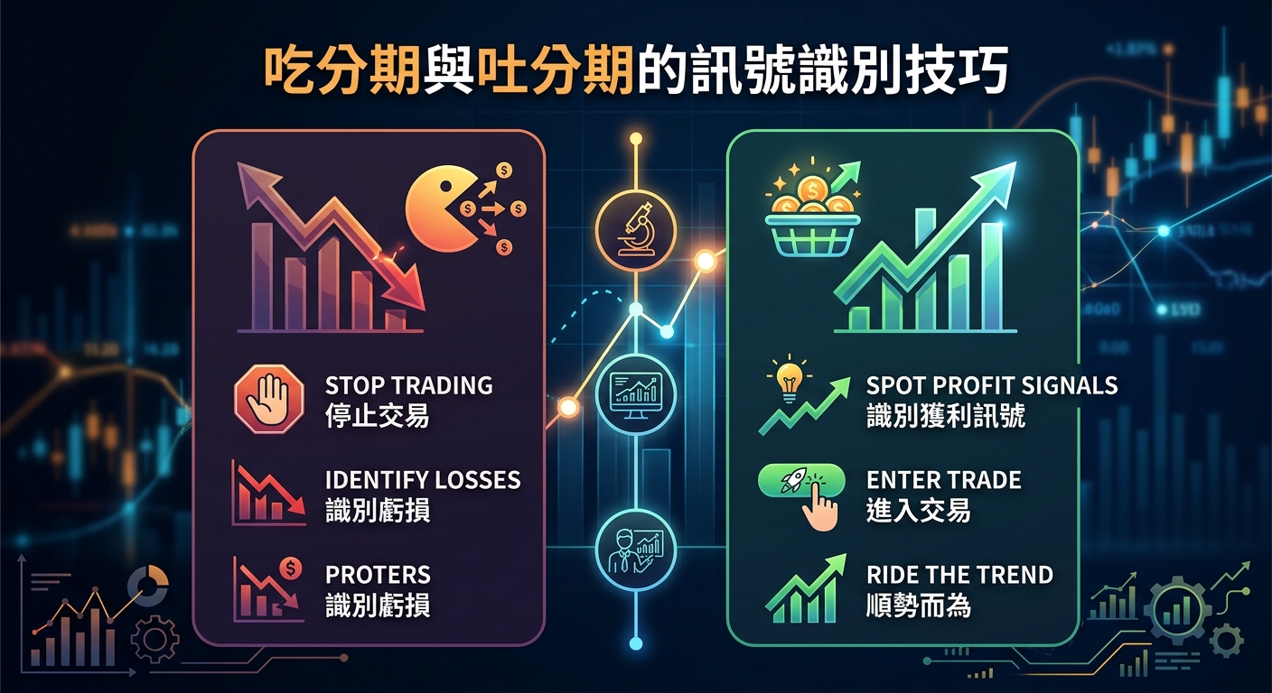 這張圖片展示了一圖表，左側紅框代表「吃分期」，標示著停止交易與識別虧損等風險訊號。 右側綠框則代表「吐分期」，列出識別獲利訊號、進入交易與順勢而為的技巧，協助掌握市場趨勢。
