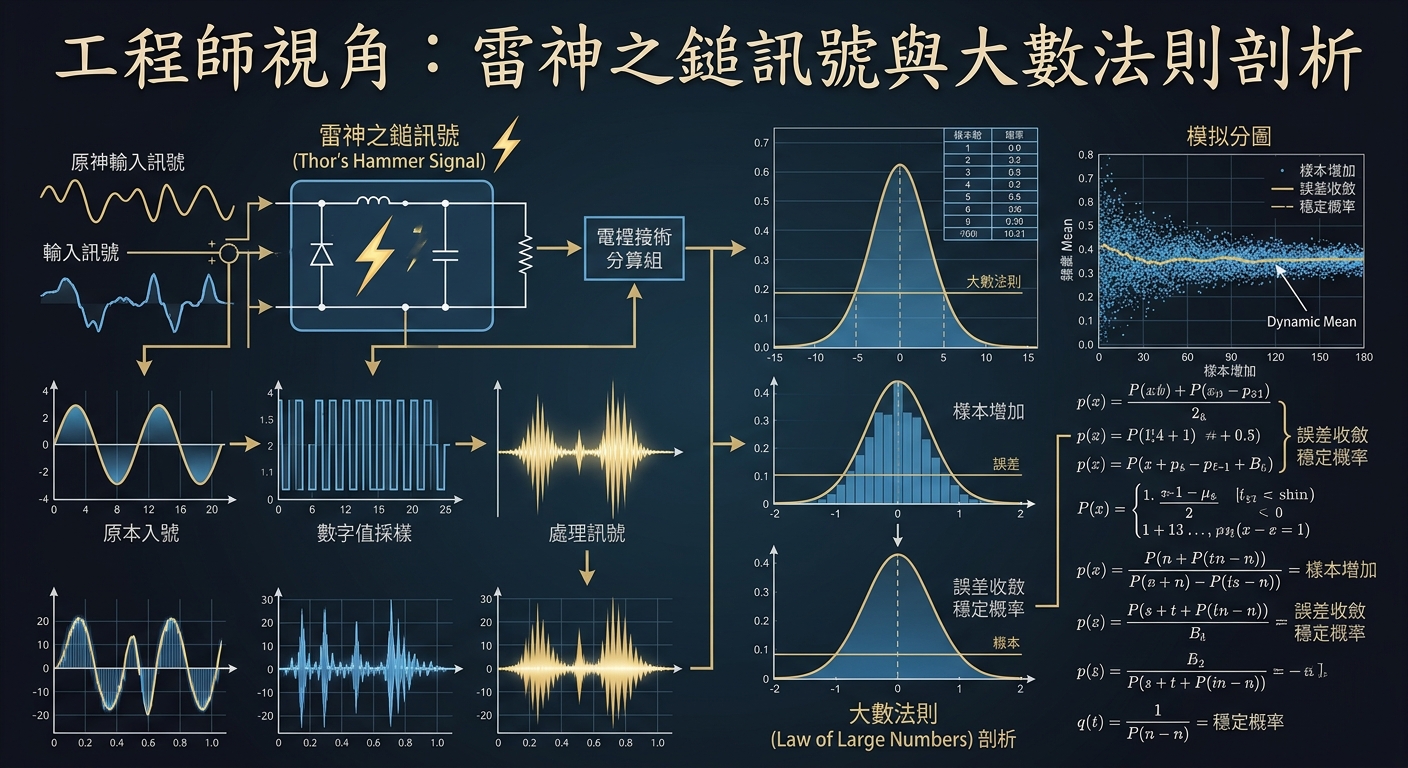 這幅圖像以深色工程圖表風格呈現,展示了雷神之鎚訊號處理流程、波形轉換與大數法則的概率分布圖。 整體設計結合了電路圖、統計曲線與數學公式,從工程師的專業視角深度剖析數據收斂與穩定概率。