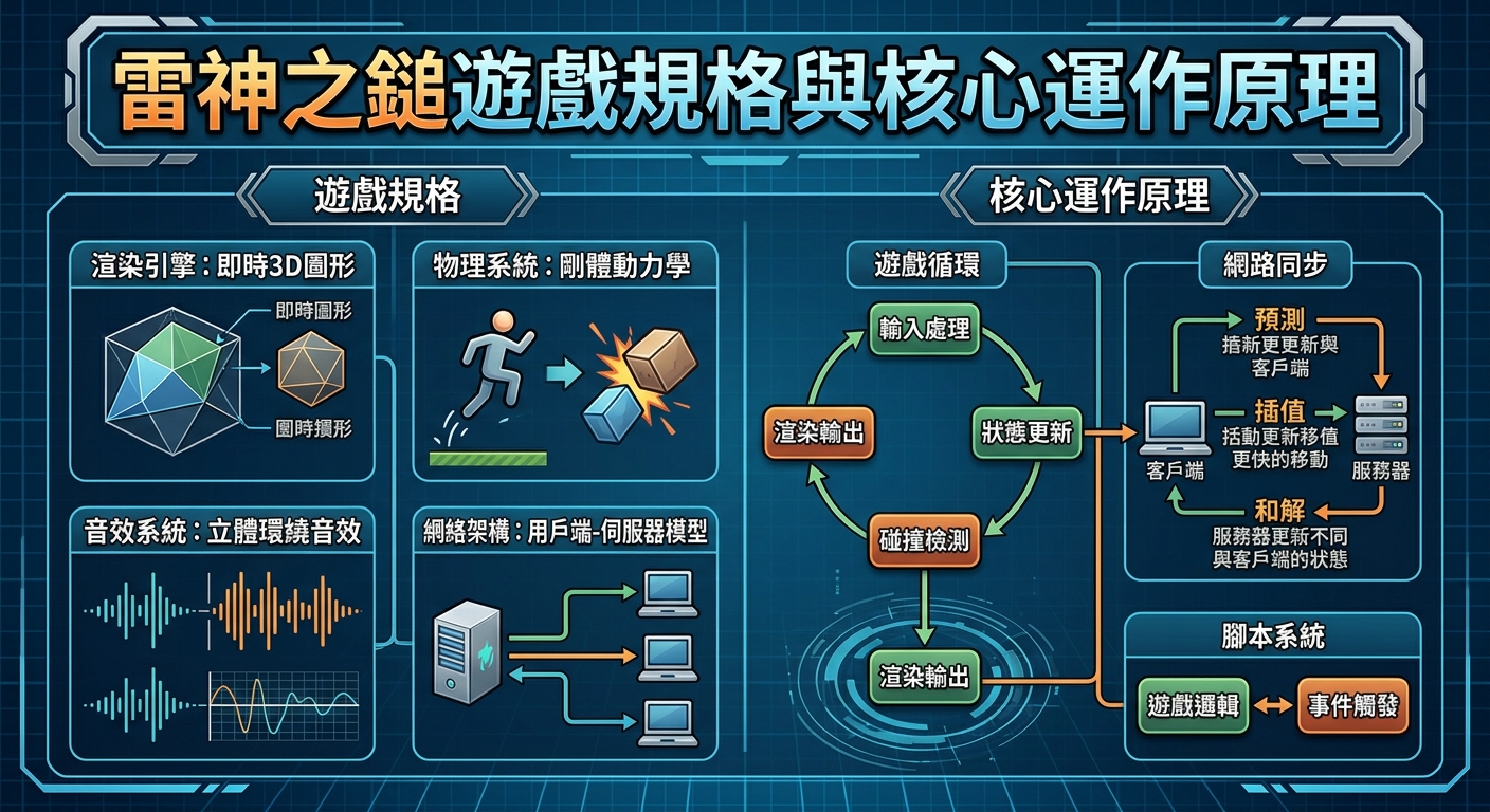 這張圖片呈現了一個科技感的遊戲技術藍圖資訊圖,展示了遊戲的各項規格與運作流程。 上方以醒目的標題「雷神之鎚遊戲規格與核心運作原理」為主軸,透過圖表與插圖清晰分類呈現。