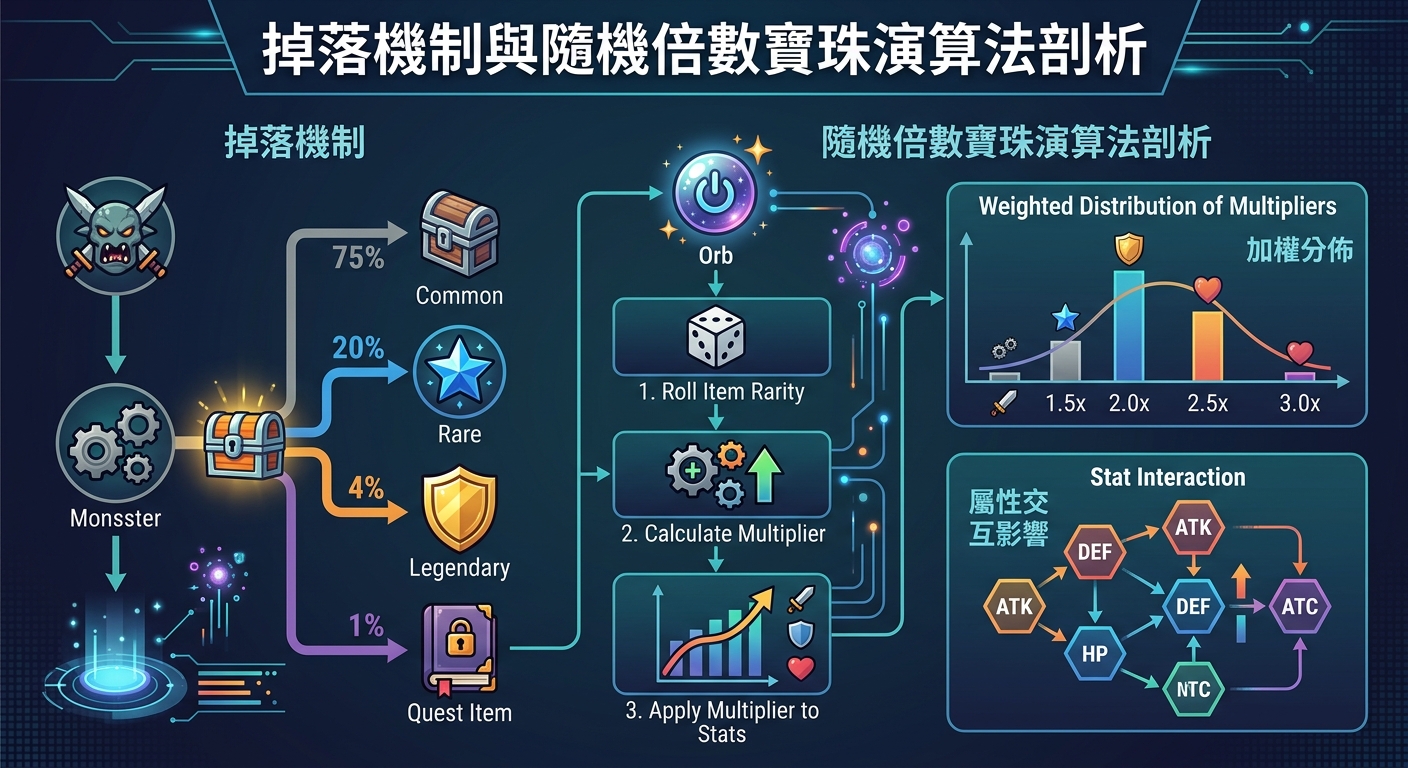 這幅圖表以科技感的暗色為背景,展示了遊戲中「掉落機制」與「隨機倍數寶珠演算法」的流程架構。 圖中透過流程圖與數據圖表,詳細呈現了從擊敗怪物、掉落寶箱機率,到寶珠倍數計算與屬性加成的完整過程。