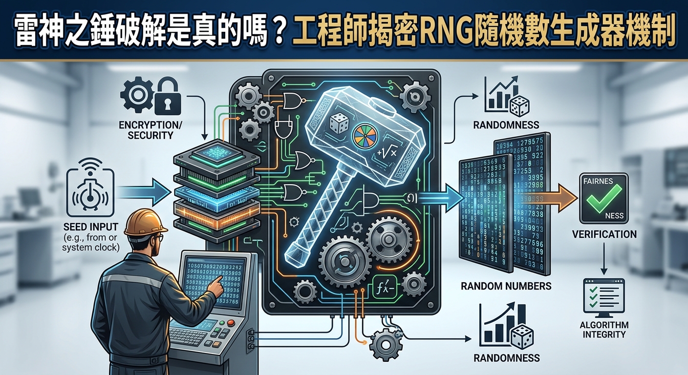 這幅圖片展示了一位工程師正在電腦前解析「雷神之錘」的技術機制,畫面結合了發光電路板、齒輪與數據矩陣等科技元素。 中央的錘子圖標象徵隨機數生成器(RNG),整體風格強調演算法的安全性、隨機性與系統破解揭密的科學氛圍。