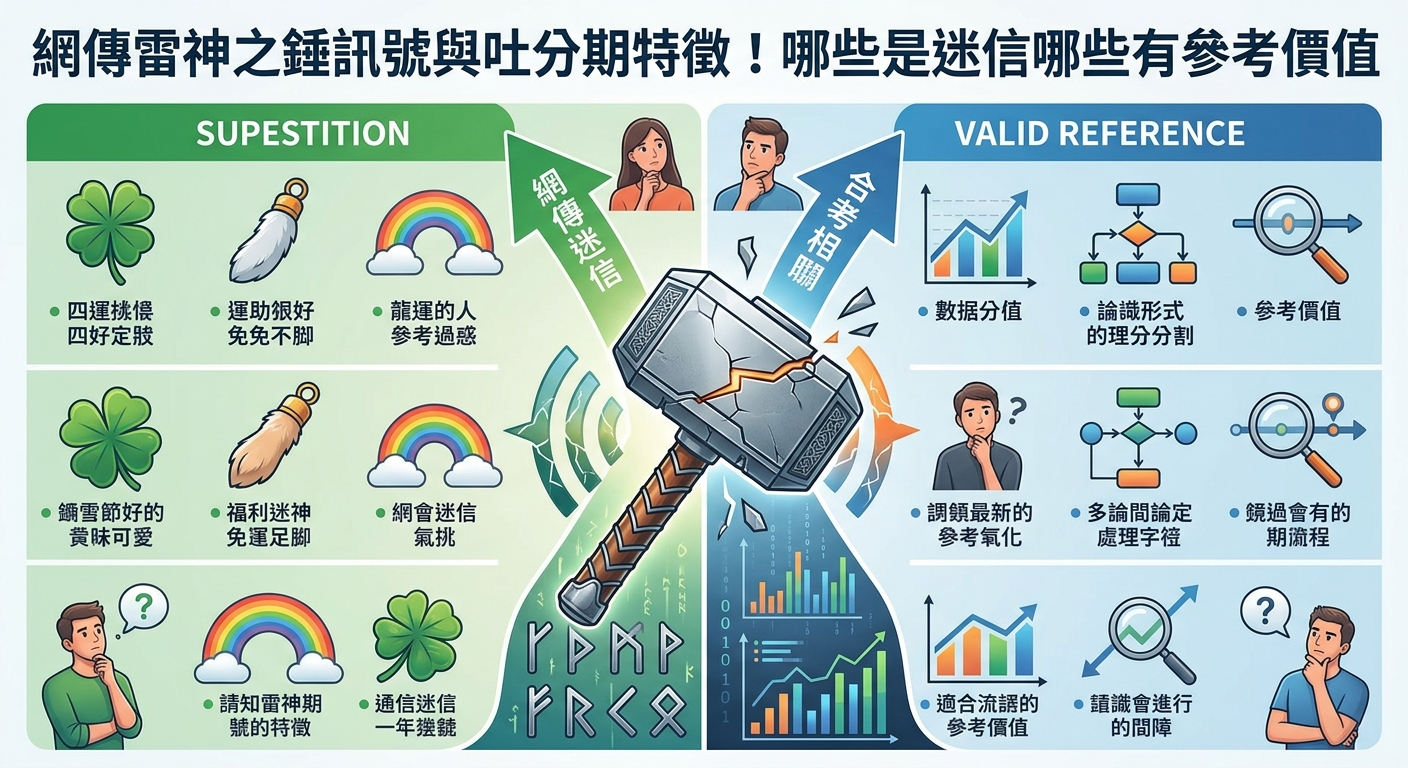 這幅插圖以中央的「雷神之錘」為核心,呈現出裂紋與電光,象徵各種訊號與特徵的剖析。 畫面左右兩側分別對比「網路迷信」與「理性參考價值」,頂部則清晰標示出完整的主題標題。