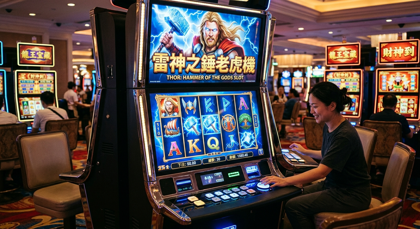 這台「雷神之錘老虎機」位於氣派的賭場中,螢幕呈現出閃電交加的雷神形象與精緻的北歐神話圖騰。 一位玩家正坐在機台前專注操作,背景處滿是燈光璀璨的各式機台與熱鬧的現場氛圍。