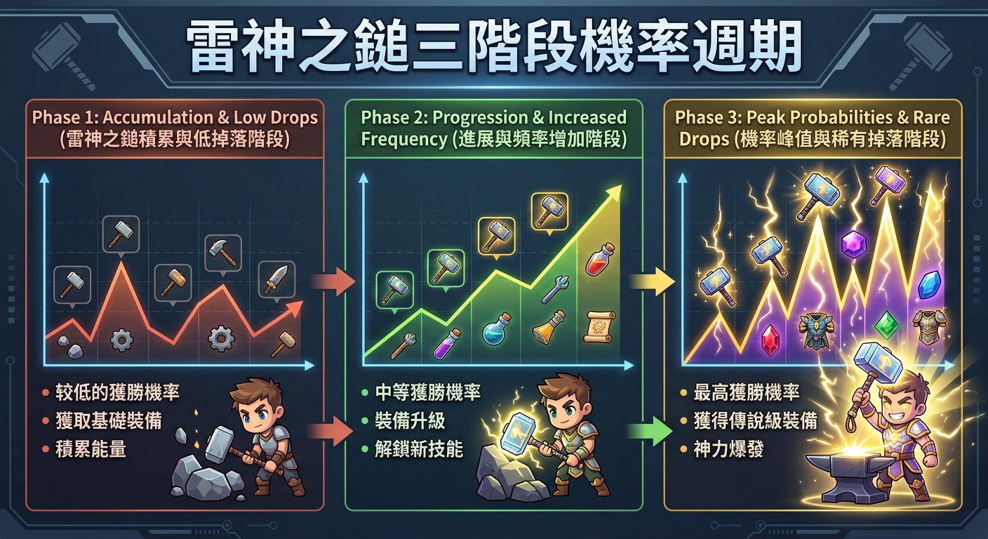 這張圖表詳細展示了「雷神之鎚」的三階段機率週期,從低掉落率的累積階段逐步推進至中等頻率,最終達到高勝率與稀有裝備爆發的機率峰值。 整體採用清晰的科幻遊戲 UI 設計,搭配動態圖表與 character 成長視覺,完美呈現裝備升級與神力爆發的完整流程。