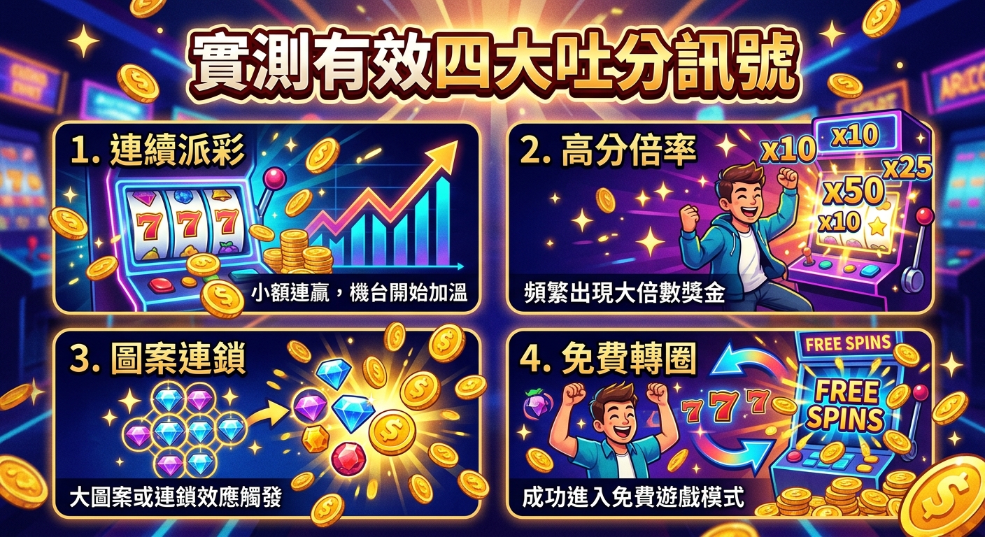 這張圖以閃耀的娛樂城風格展現,上方醒目標示「實測有效四大吐分訊號」。 畫面分為四個區域,分別用金幣、老虎機與加倍符號生動解析四種機台的吐分前兆。