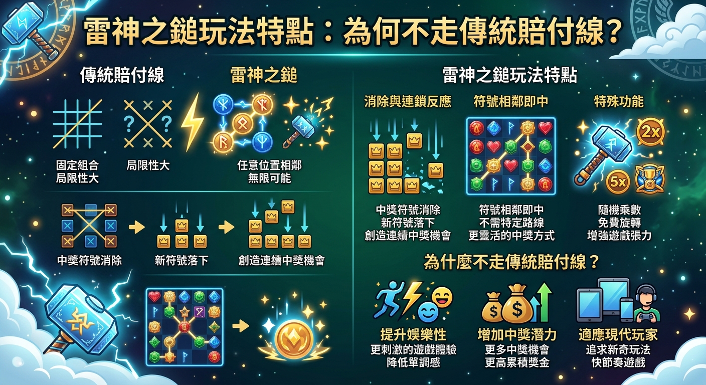 一張展示《雷神之鎚》遊戲特點的圖解,比較傳統賠付線與全盤消除(Scatter Pays)機制的差異。 畫面上方印有標題「雷神之鎚玩法特點:為何不走傳統賠付線?」,並輔以閃電與神鎚元素呈現視覺效果。