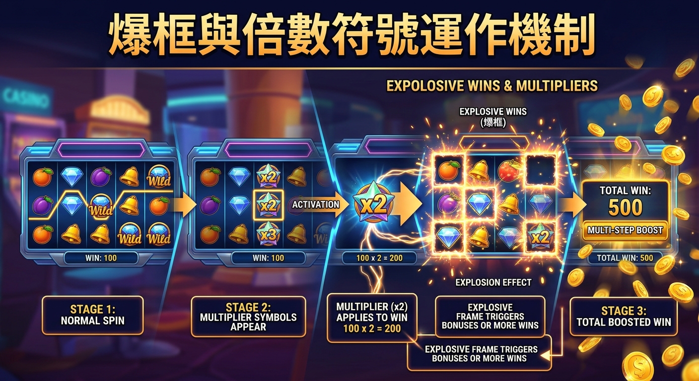 這幅圖解展示了 Slot 遊戲中「爆框」與「倍數符號」的連動運作機制流程。 畫面上由左至右呈現一般轉輪、倍數符號觸發、爆框連線與最終總獎金加倍的遞進過程。
