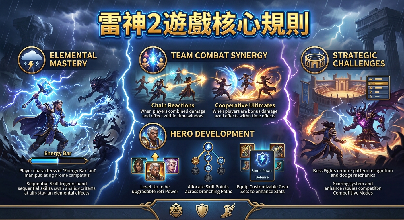 這張圖片是以《雷神2》遊戲核心規則為主題的視覺圖解,畫面融合了獨特的神話戰鬥場景與精緻的UI介面設計。 整體採用電閃雷鳴的震撼視覺效果,清晰呈現在暴風雨與雷霆包圍下的角色技能、裝備選擇及團隊協同作戰機制。