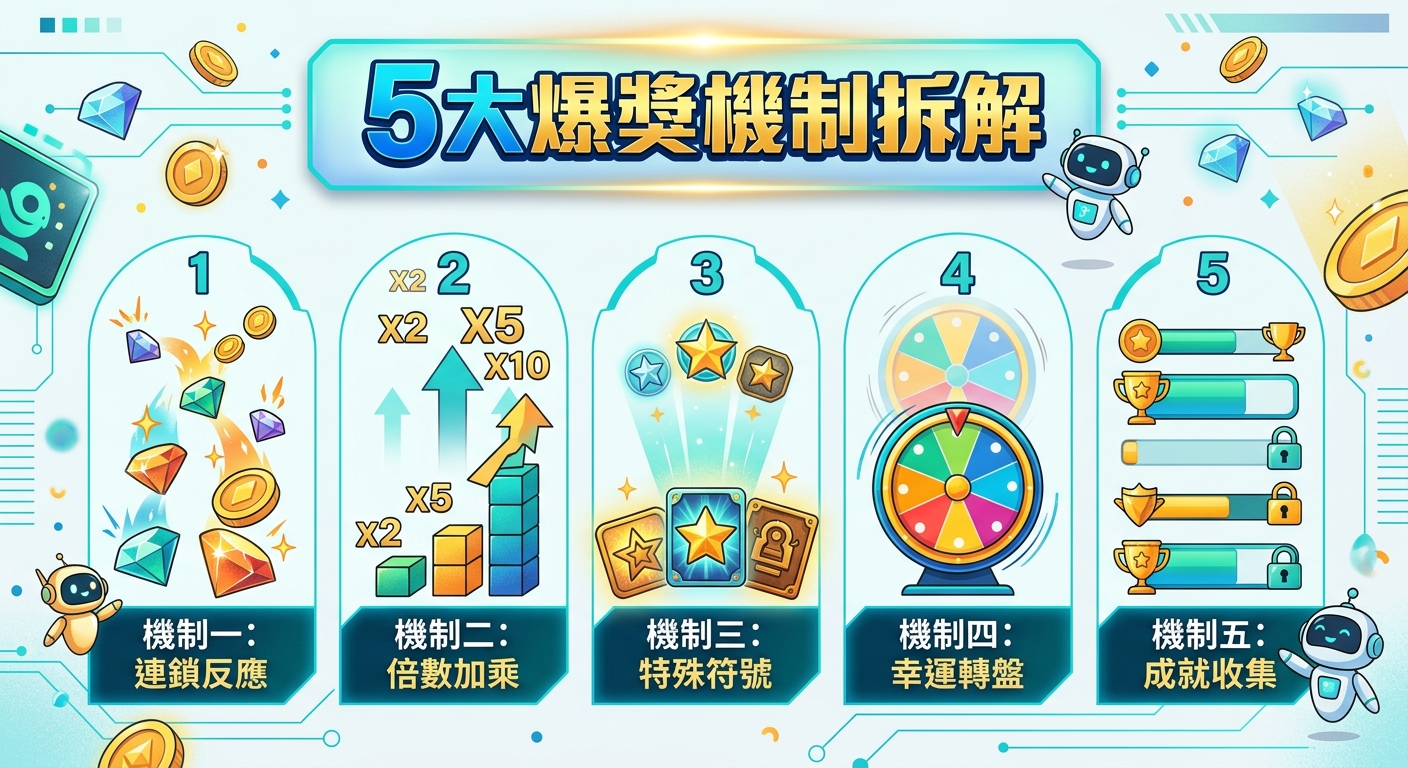 這張圖片採用現代科技感的圖解風格,上方以亮眼的藍色標題展示「5大爆獎機制拆解」。 畫面下方分為五個區塊,運用豐富的圖示與符號,清楚呈現遊戲中連鎖、倍數加乘、特殊符號、轉盤與成就收集等機制。
