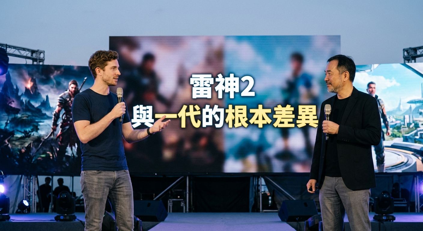 這張圖片展示了兩名男子站在舞台上手持麥克風對談,背後是一面顯示著奇幻畫面的大型螢幕。 圖片正中央醒目地加上了「雷神2 與一代的根本差異」的白色大字。