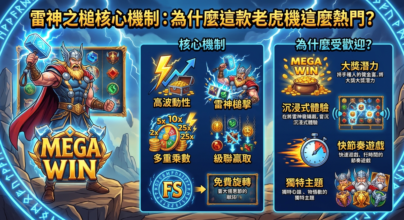 這張圖採用雷神索爾與北歐神話主題,左側展現霸氣的雷神形象與老虎機介面,搭配炫目的雷電特效與「MEGA WIN」標示。 畫面中央與右側以豐富圖示呈現「核心機制」與「受歡迎原因」,清晰突出這款遊戲的高波動性、倍數獎勵與熱門魅力。
