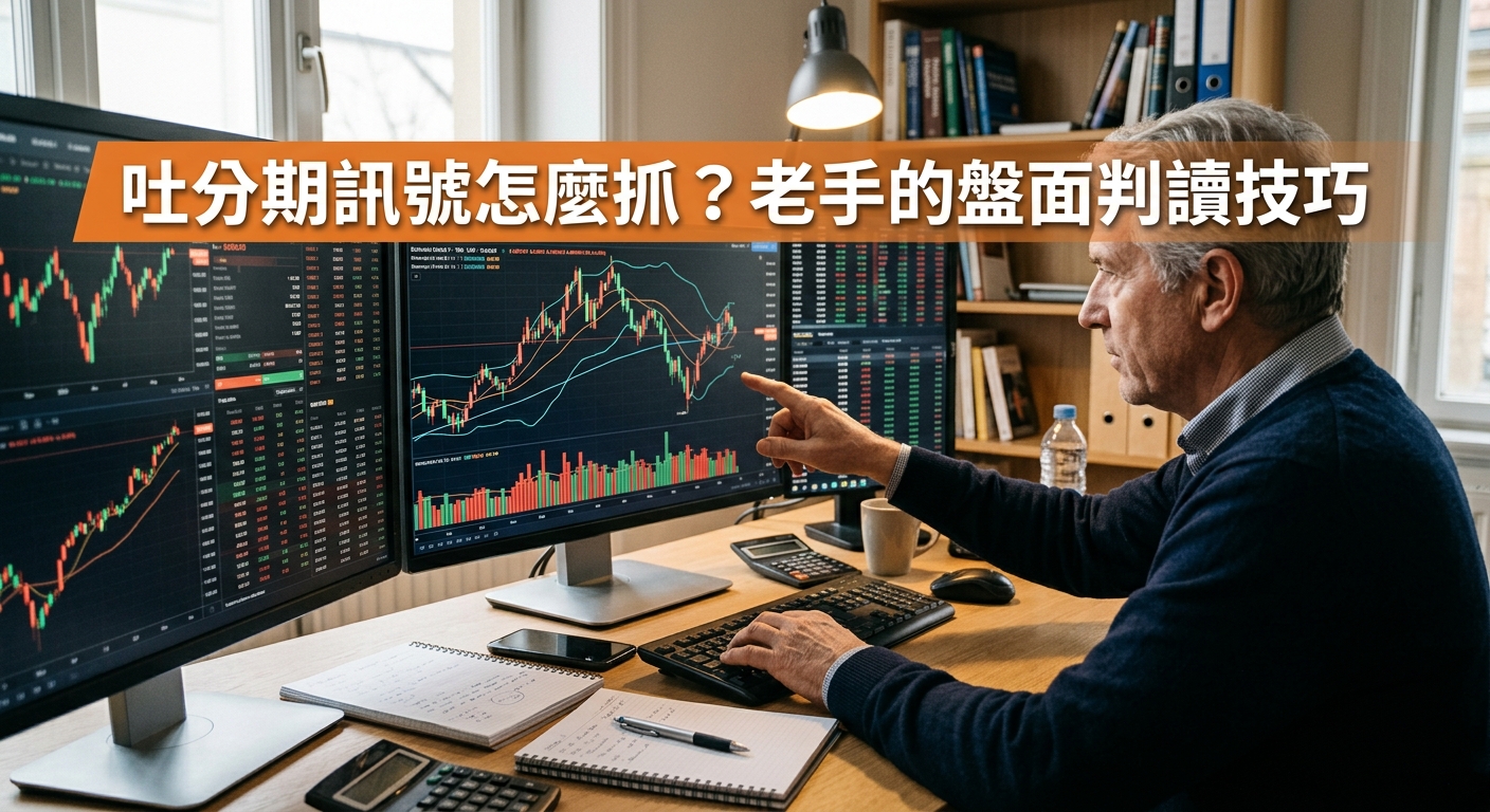 圖中一位資深交易員正專注地盯著多台顯示著 K 線圖與市場數據的螢幕,並指著關鍵波段。 畫面上方以清晰顯眼的字體標示著主題標題:「吐分期訊號怎麼抓?老手的盤面判讀技巧」。
