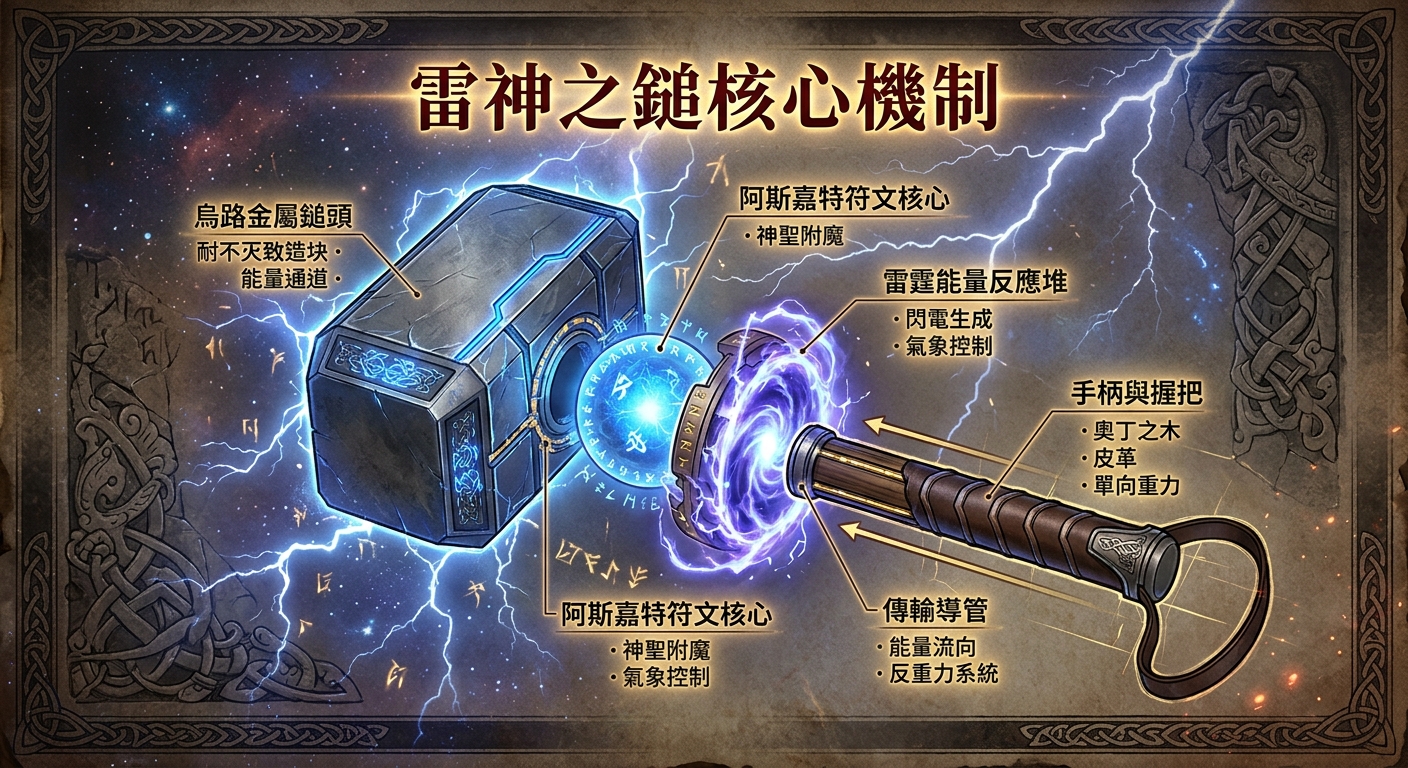 圖中展示了「雷神之鎚」的解剖結構與核心機制,透過藍色雷電與光環呈現其強大的神聖能量。 金屬錘頭與皮革握把上記述著阿斯嘉特符文,說明了這把神器召喚風暴與控制重力的原理。
