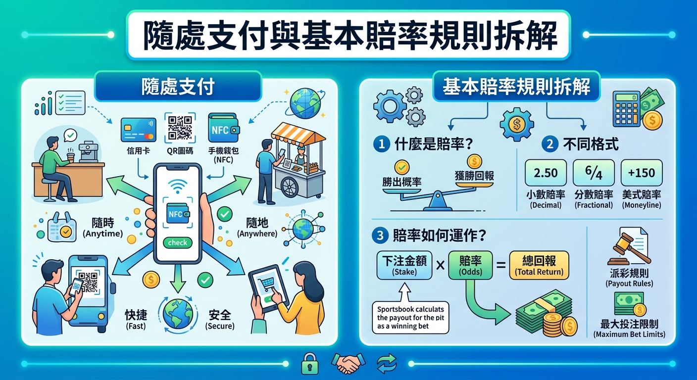 這張圖表分為左右兩區域,左側展示手機、信用卡與QR碼等「隨處支付」的多樣化應用場景。 右側則以視覺化圖解拆解「基本賠率規則」,包含賠率格式、計算公式與派彩相關說明。