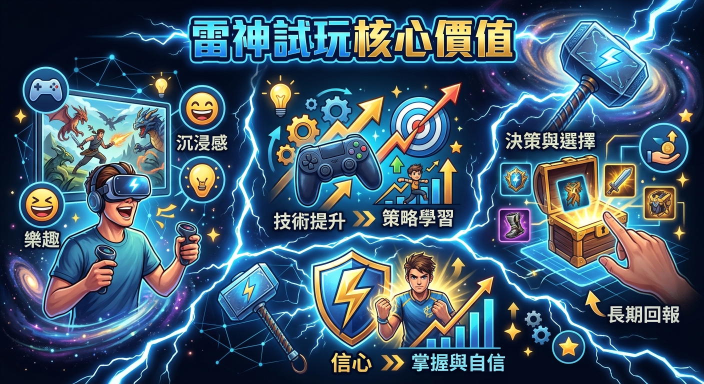 這張圖片以電競藍與金色為主調,呈現玩家體驗與個人成長的核心價值,並融合了代表力量的雷神之鎚與閃電元素。 畫面頂部標示著「雷神試玩核心價值」標題,整體充滿科技感與動態能量,傳遞出掌控、突破與樂趣的意象。