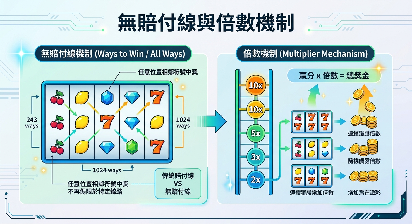 這張圖解展示了「無賠付線」與「倍數機制」的運作原理,左側以老虎機圖示說明符號相鄰即可中獎的規則。 右側則透過階梯與成疊金幣,直觀地呈現連續獲勝時獎金翻倍的累積過程。
