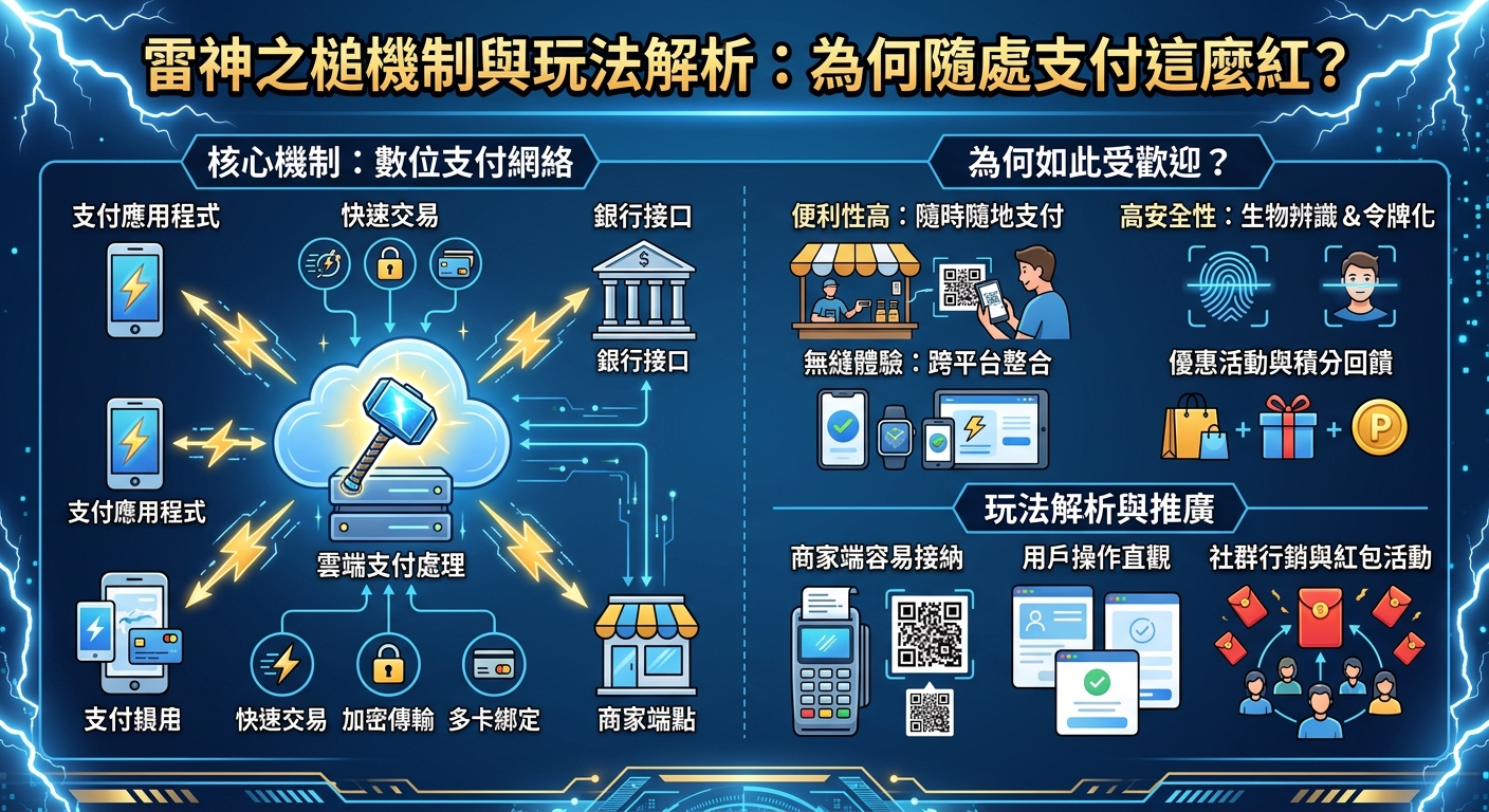 這張圖表詳細解析了「雷神之槌」數位支付的運作機制與熱門原因,呈現雲端處理、商家對接與多重安全加密等核心技術。 右側則以簡潔圖示說明其隨時隨地支付的便利性、高安全性與跨平台整合,完整展現隨處支付廣受歡迎的優勢。