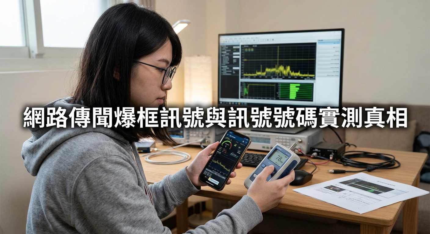 這張圖片展示了一位戴眼鏡的女性在工作桌前進行網路與訊號測試,手中拿著手機與專業測量儀器。 背景包含顯示波形圖表的大螢幕,中央以清晰的繁體字標註主題標題「網路傳聞爆框訊號與訊號號碼實測真相」。