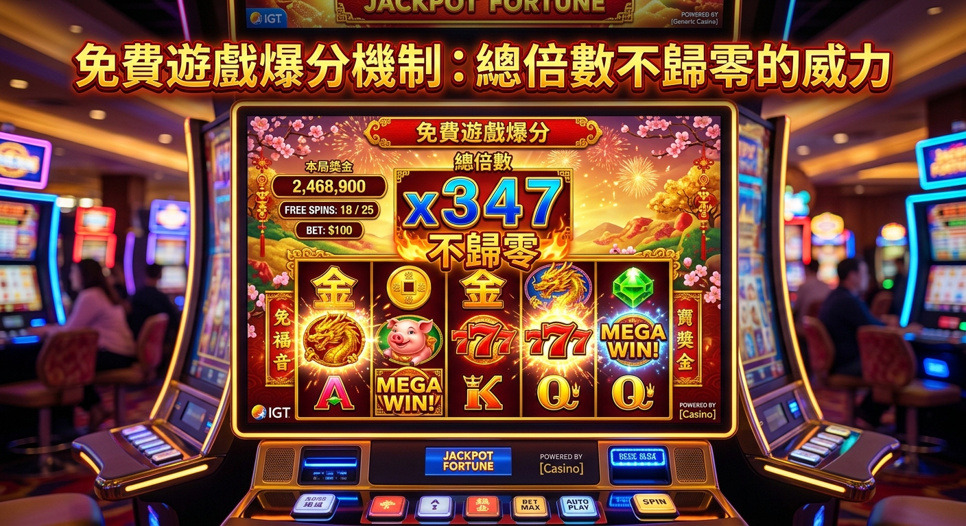 這張圖片展示了一台充滿動感與華麗色彩的線上老虎機介面,背景帶有奢華的賭場氛圍。 螢幕中央突出顯示著巨額的累積獎金與「x347」高倍數標示,頂部則配有清晰耀眼的標題文字。