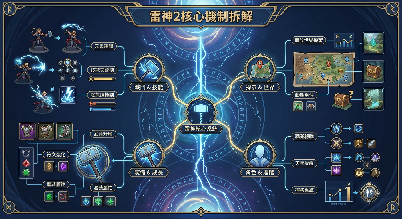 這幅圖以藍色雷電風格的設計圖為背景,中央展示著象徵雷神之錘的核心圖標。 四周透過清晰的線條與圖示,將「戰鬥技能」、「裝備成長」、「探索世界」與「角色進階」四大機制系統化拆解。