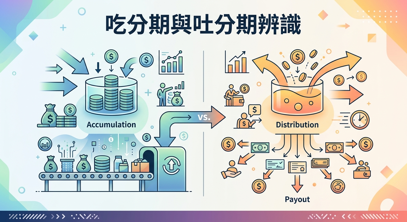 這張圖片採用雙欄對比設計,左側以藍綠色調呈現「吃分期」(點數累積 phase),展示資金與籌碼不斷匯集的過程。 右側則以橙黃色調呈現「吐分期」(點數發放 phase),展示積攢的獎勵與資金向外分發回饋的畫面,上方標題為「吃分期與吐分期辨識」。
